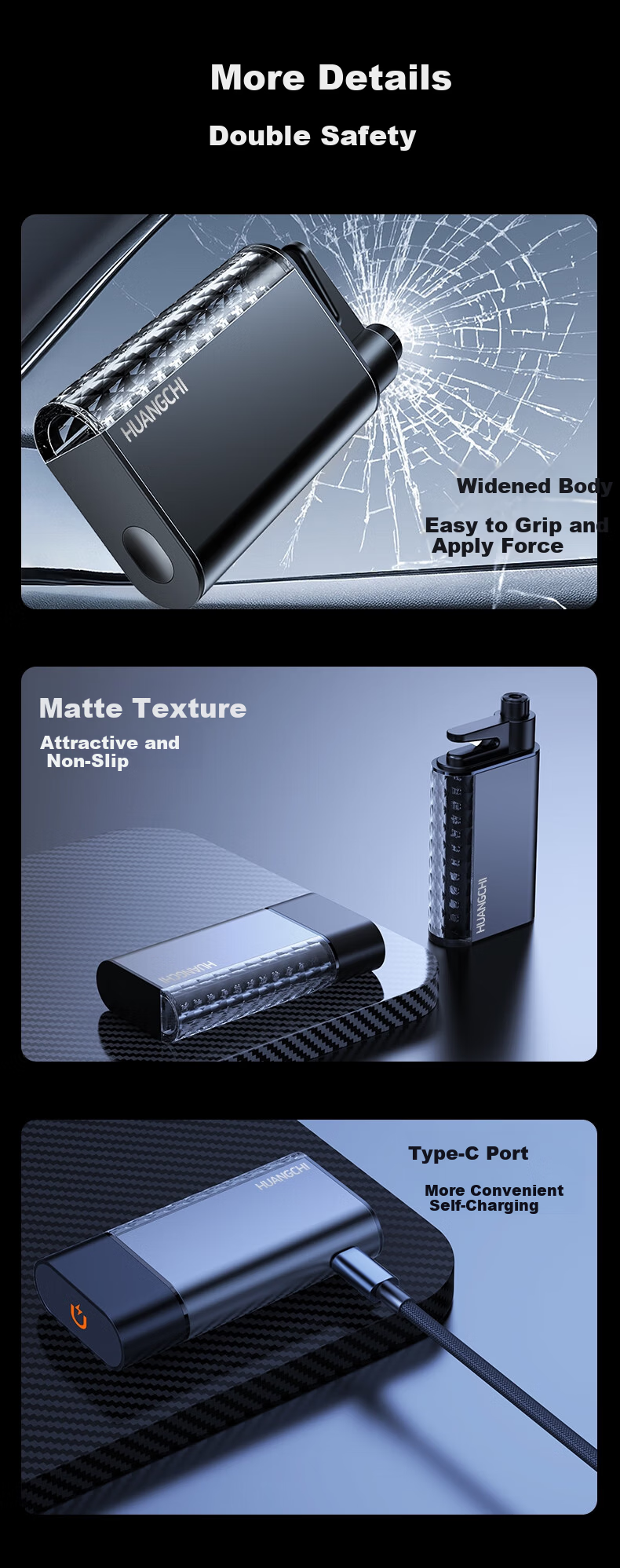 Huangchi Multifunctional Gun-Style Safety Hammer with Alarm, Lighting, and Cutting - Car Window Breaker Emergency Escape Tool 8