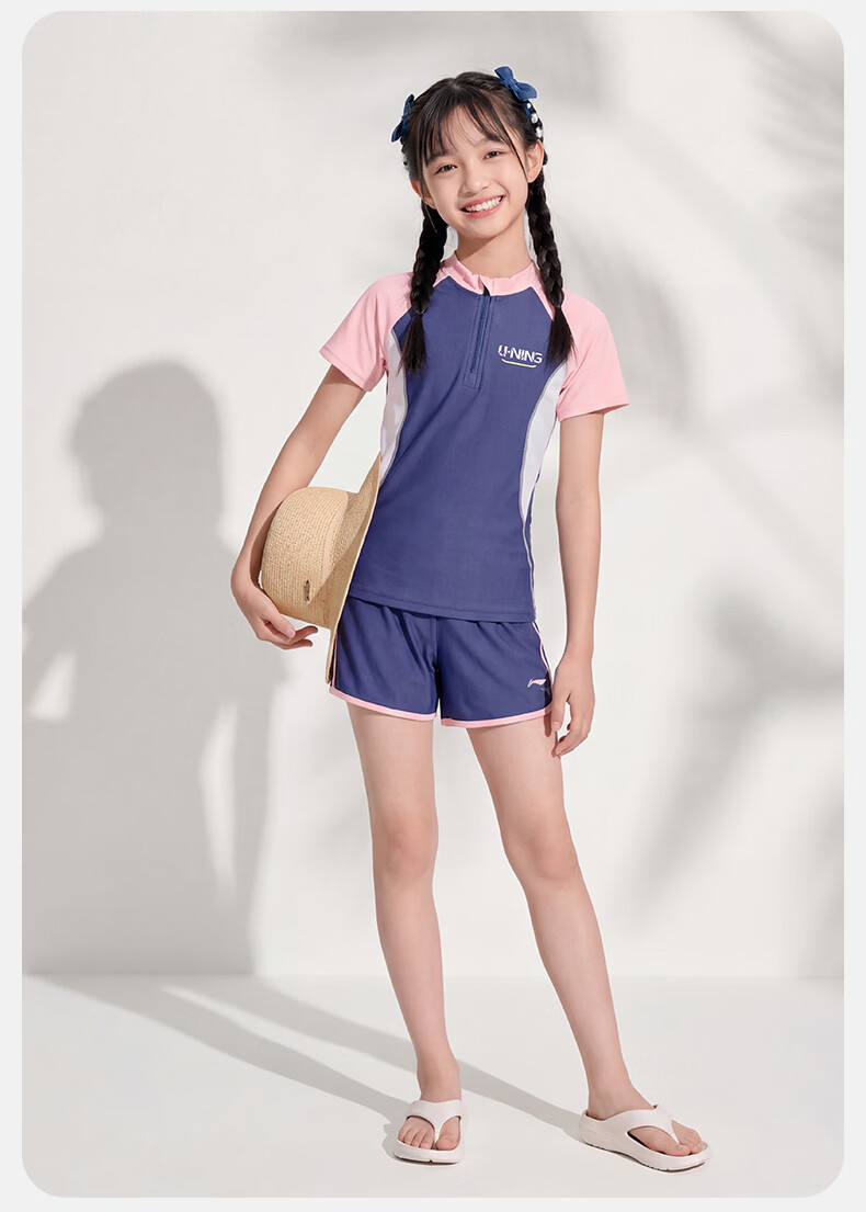 LI-NING Kids Girls Two-Piece Short Sleeve Breathable Youth Swimwear 1431 Blue Purple Size 140 14
