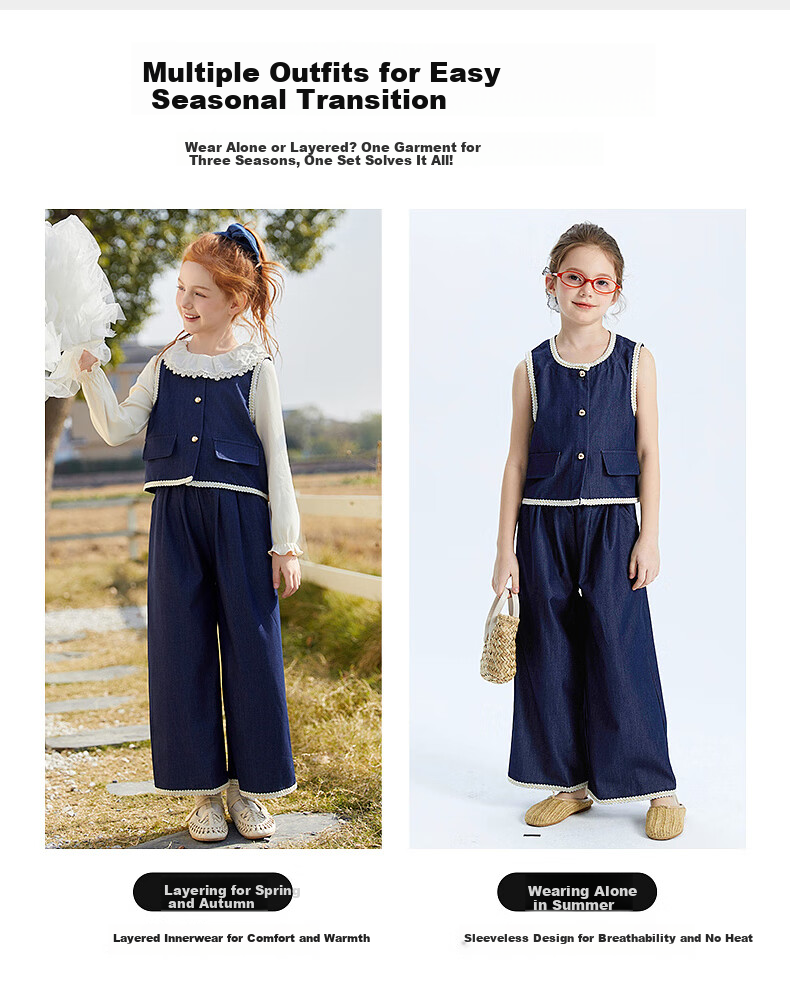 Fulomi Girls' Spring Autumn Vest Top and Casual Wide-Leg Pants Two-Piece Set Blue 110 3