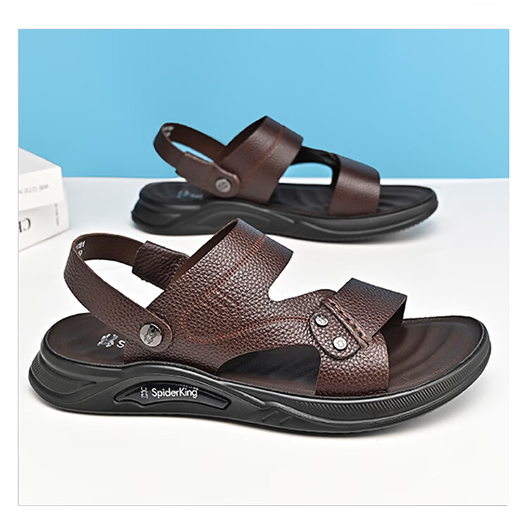 Spider King 2026 Summer New Men's Beach Sandals Genuine Leather Soft Sole Dual-Wear Slippers for Middle-aged and Elderly Dads Black Size 39 15