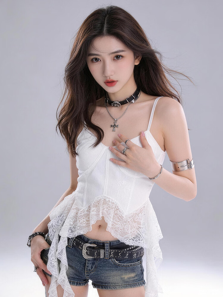 9i9 Strapless Breathable Summer French Lace Slim Fit Irregular Ribbon Vest for Women White S215 6