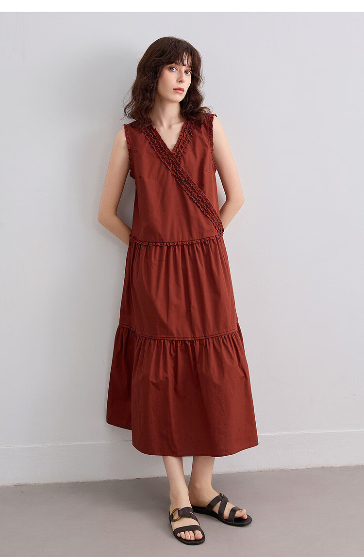 Demana [100% Cotton Poplin] Summer French Style Cross V-Neck Sleeveless Ruffle Slim A-Line Mid-Length Dress for Women 16