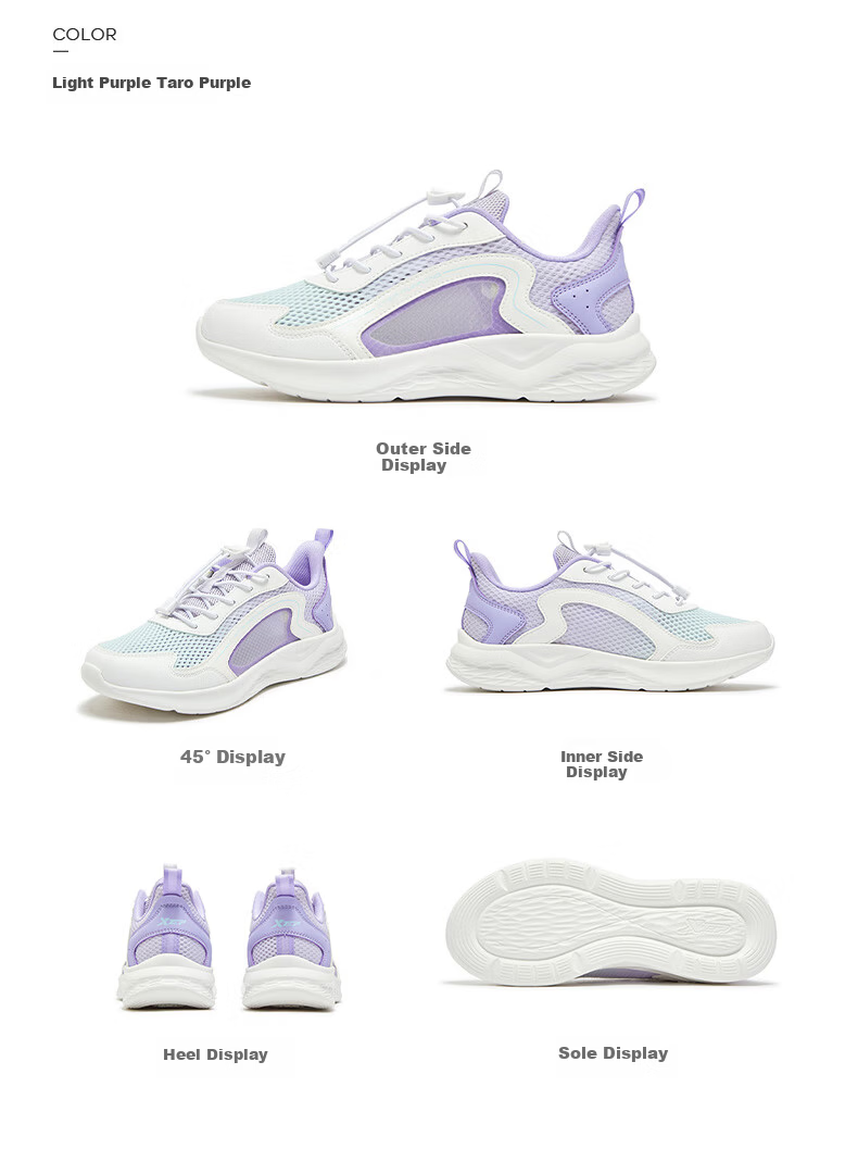 XTEP Kids Girls Mesh Breathable Running Shoes with Tail Buckle Light Purple/Taro Purple Size 37 9