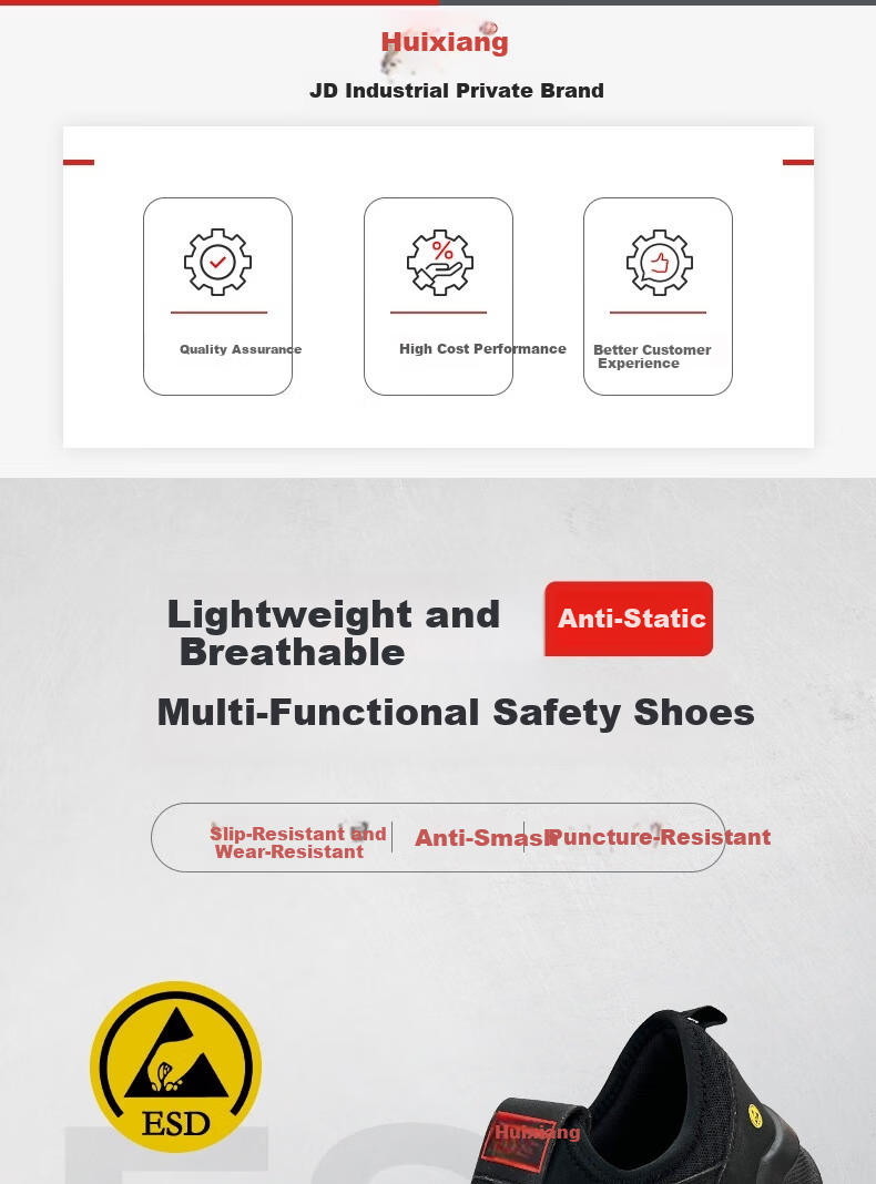 Huixiang JD Industrial Private Label Labor Protection Shoes Lightweight Breathable Multifunctional Safety Shoes ESD Anti-Static Anti-Smash Anti-Puncture 130301 Size 45 EU CE Certified 1