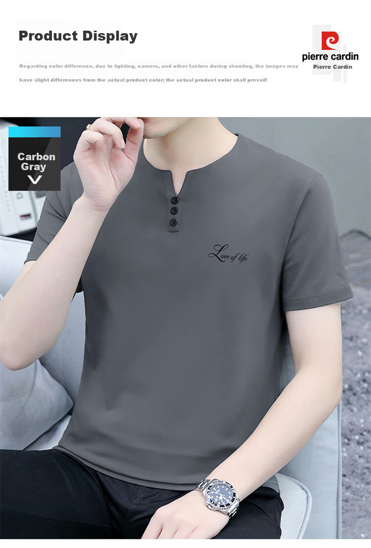 Pierre Cardin Men's Short Sleeve T-Shirt Summer Trendy Slim Fit V-Neck Lightweight Breathable Top Carbon Gray M 4