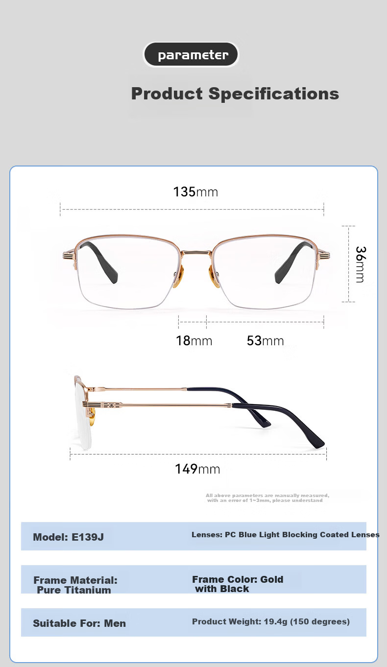 Sunset Red Men's Blue Light Blocking Reading Glasses Pure Titanium Ultra-Light Fashionable Premium Reading Glasses Gift E139J 300 Degree 10