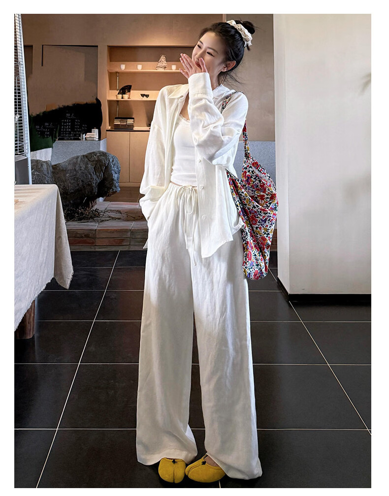 Langsha Cotton Linen Wide-Leg Pants for Women Summer 2026 New High-Waist Loose Slim Korean Style Draped Straight Casual Trousers 15