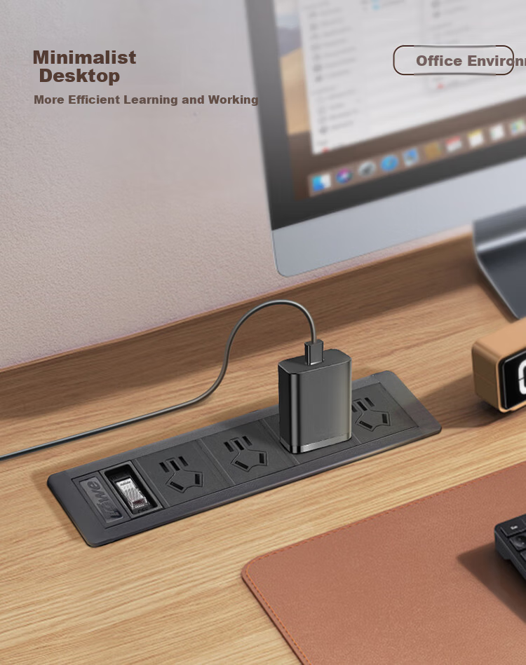 TOWE Embedded Desktop Power Strip Overload Protection Socket Furniture Island Desk Office Aluminum Alloy Extension Cord 2 Outlets 10A Master Control 2m Cable APZ-1012Q 10