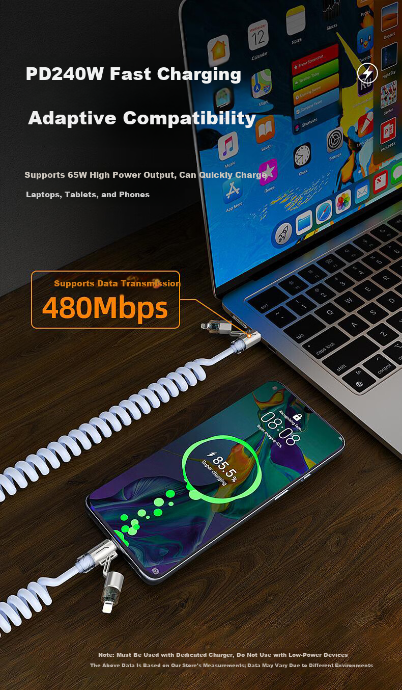 Beimo Glowing Four-in-One Spring Scented Core Data Cable 240W Fast Charging Car Projection Compatible with Apple 17/Huawei/Xiaomi/Honor/Vivo/Oppo 2m Blue 3