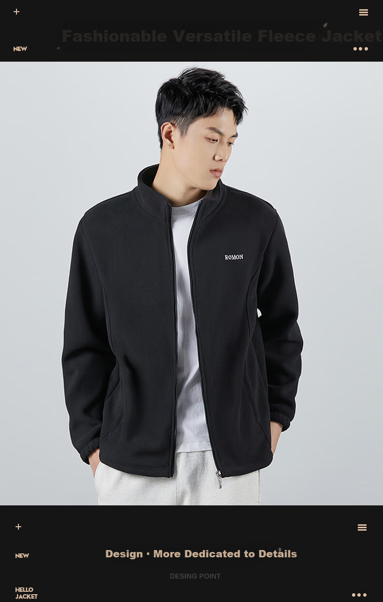 ROMON Men's Spring Autumn Casual Trendy Faux Lamb Wool Stand Collar Fleece Soft Polar Fleece Jacket Gray AM 1