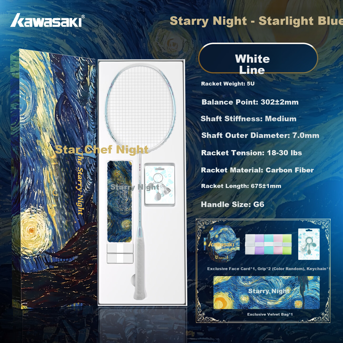 KAWASAKI Starry Night Full Carbon 5U Ultra-Lightweight Offensive Badminton Racket Single Gift Box Starry Blue White String