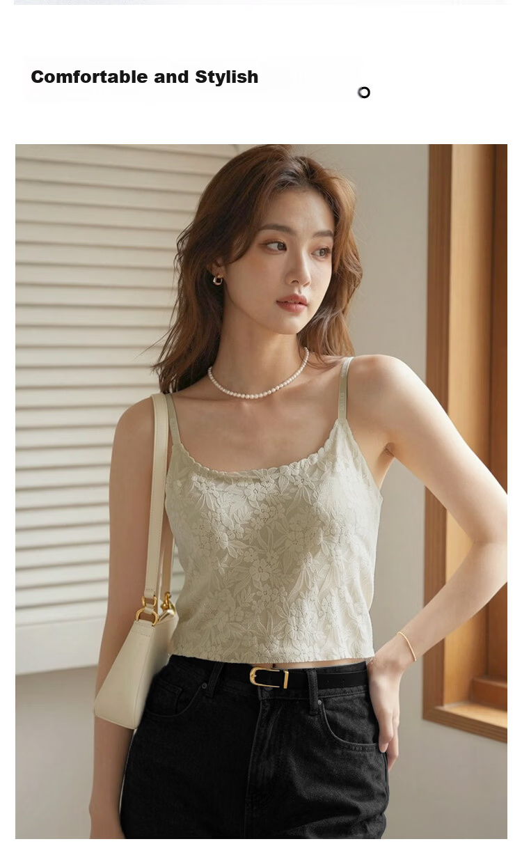 Herbal Original Color Women's Camisole with Chest Pad, Bra-Free, Summer Versatile Sexy Lace Outerwear and Inner Layering Tank Top 6