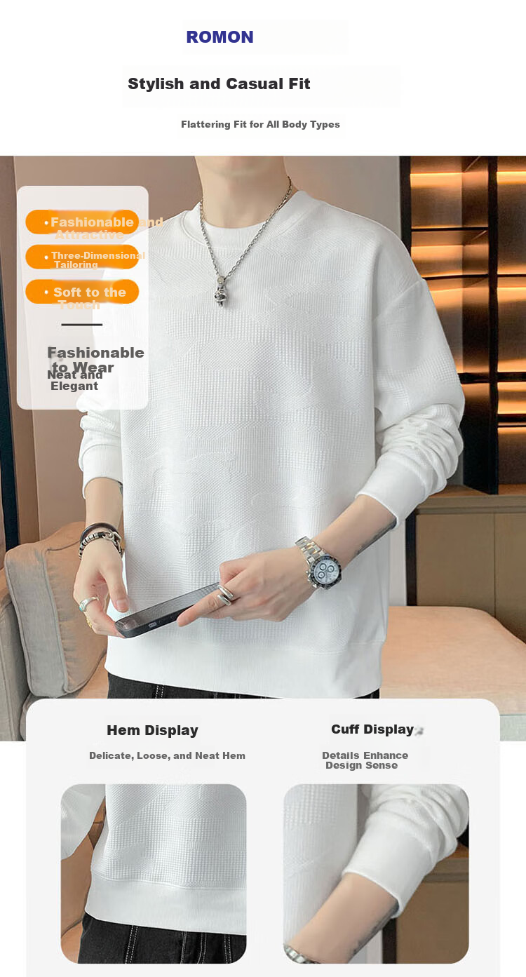 ROMON Men's Sweatshirt Spring and Autumn Long Sleeve T-Shirt Casual Fashion Loose Fit Black M 2
