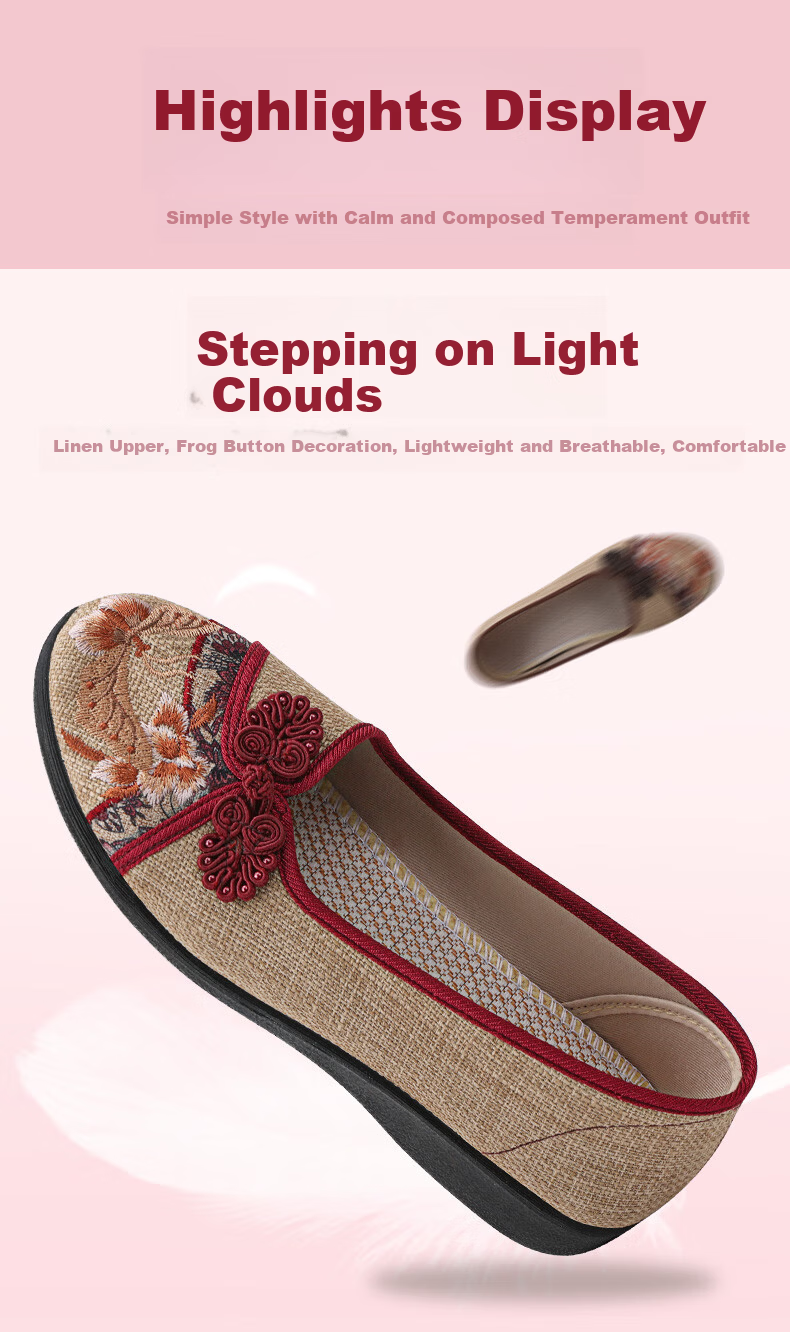 BUSHEYUAN Soft Sole Breathable Flat Shoes with Pankou Buttons, Mom Shoes, Lazy Shoes, Old Beijing Cloth Shoes for Women 510-1332 Red Size 37 6