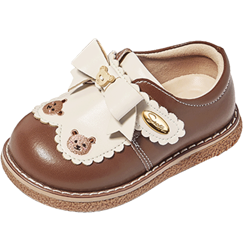 Snoffy Girls' Leather Shoes, Autumn Children's Princess Shoes, Cute Soft-Soled Baby Walking Shoes, Cinnamon Brown, Size 29