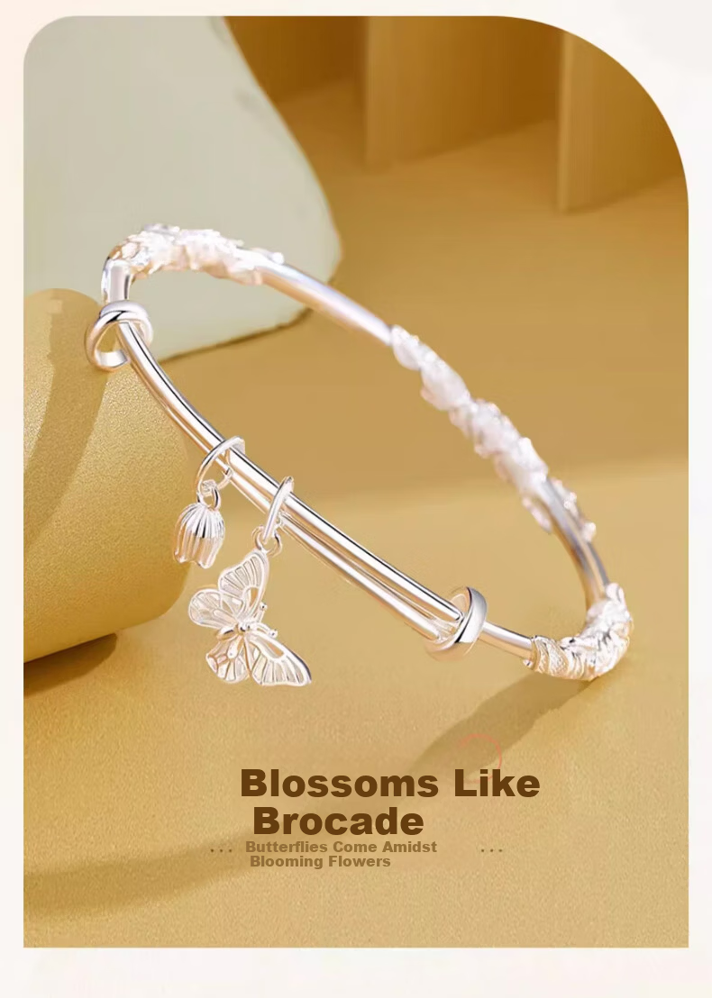 Zhoubaifu Floral Bangle Bracelet for Women, Solid Silver Plated Bracelet, Birthday Gift for Girlfriend on May 20 And Valentine's Day 1