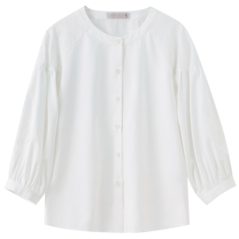 Shangdu Bira Lenzing Tencel Three-Quarter Sleeve Casual Shirt Women Autumn Lantern Sleeve Patchwork Hollow Embroidery Elegant Blouse