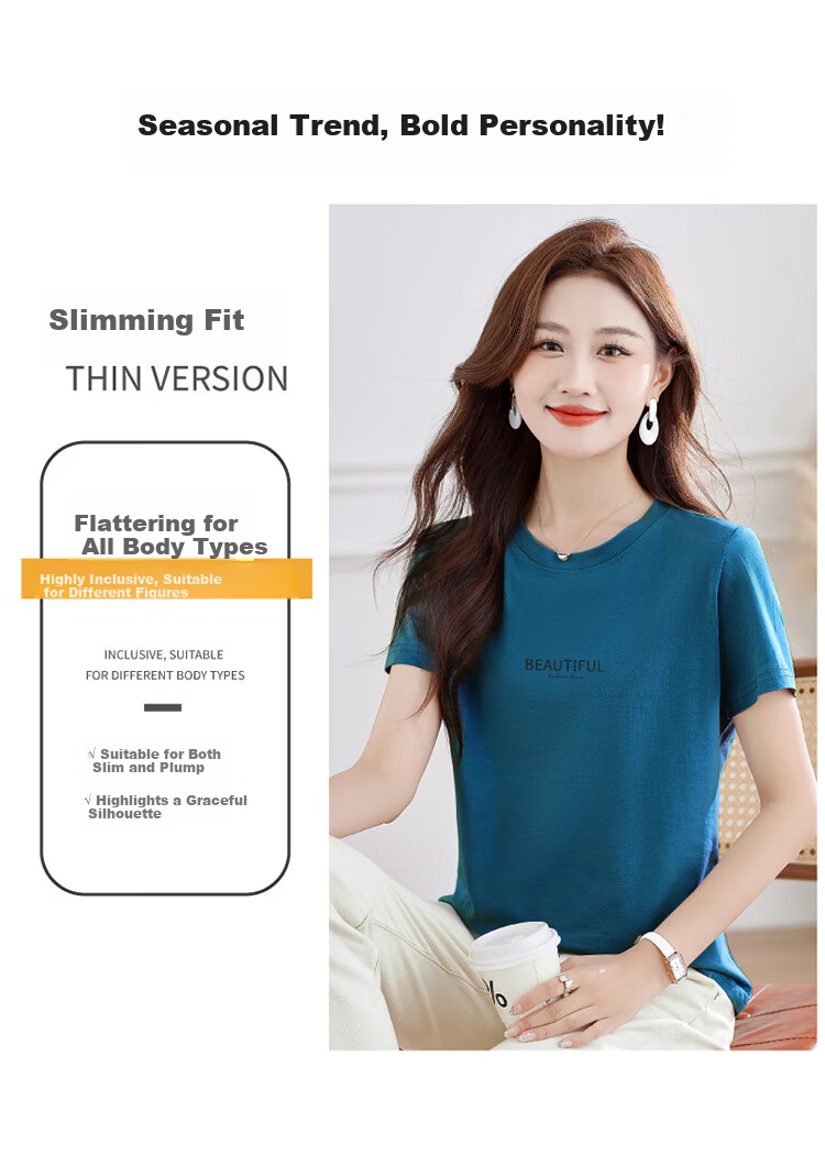 Woodpecker Women's Pure Cotton Short Sleeve T-Shirt Summer Printed Fashion Round Neck Slim Fit Simple Half Sleeve Top White 3XL 2
