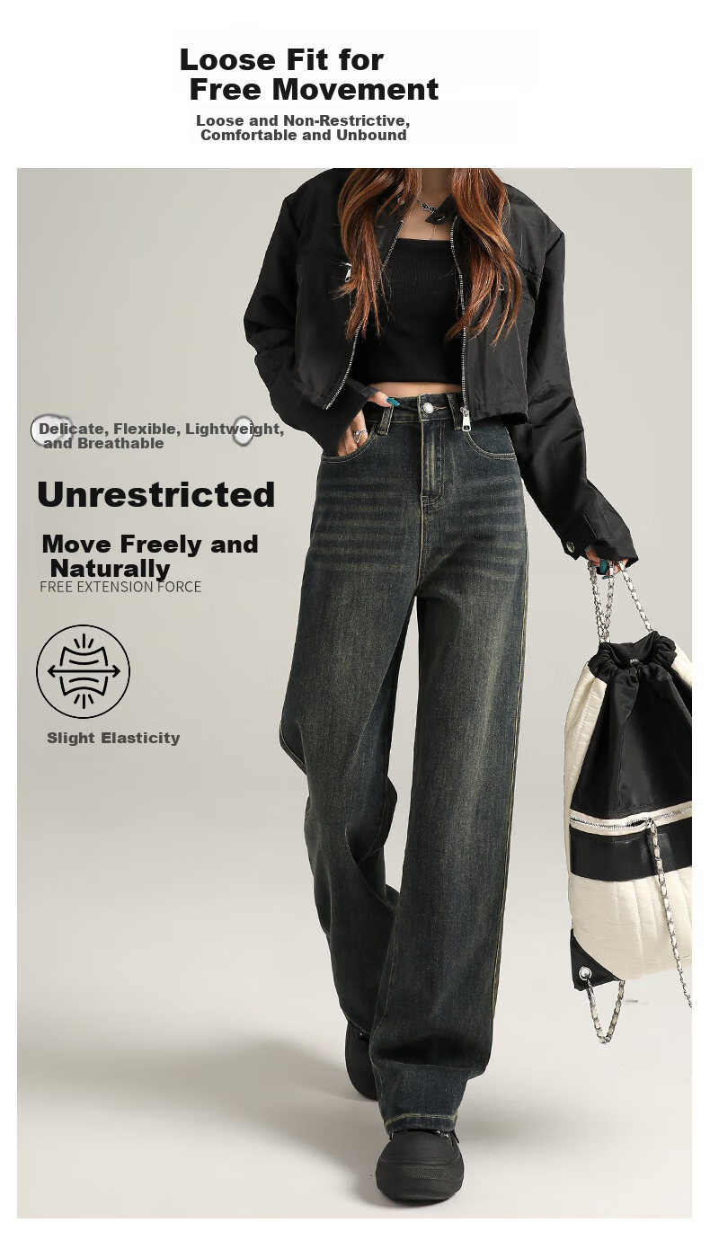 Ziyouxi Slim-Fit Wide-Leg Jeans for Women, Spring 2026 New Style, Petite Straight High-Waist Slimming Elastic Loose Floor-Length Pants 4