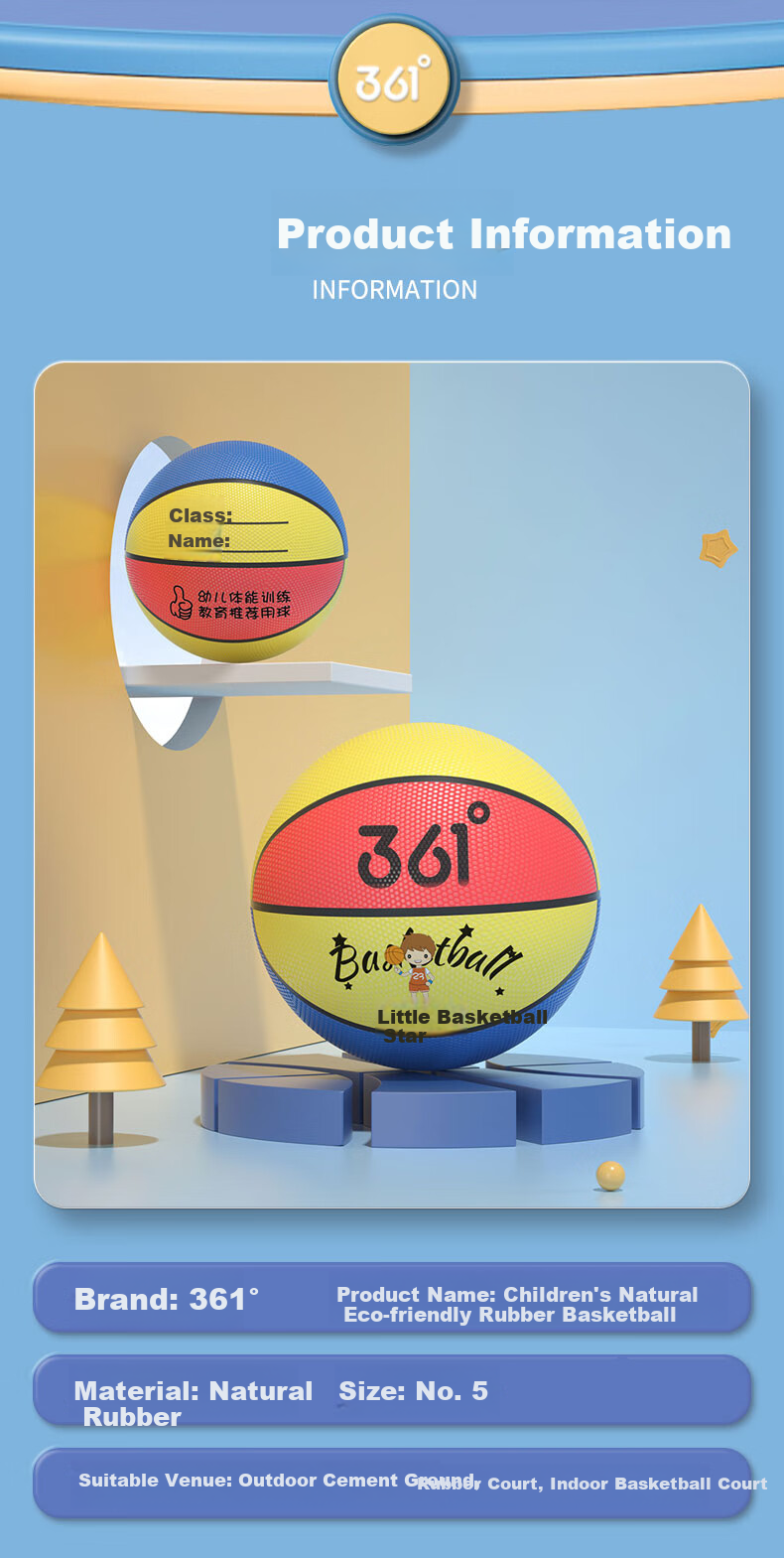 361° Children's Toy Basketball Size 5 for Kindergarten and Primary School, 3-6 Years Old Baby Soft Ball with Writable Name and Class Label 7