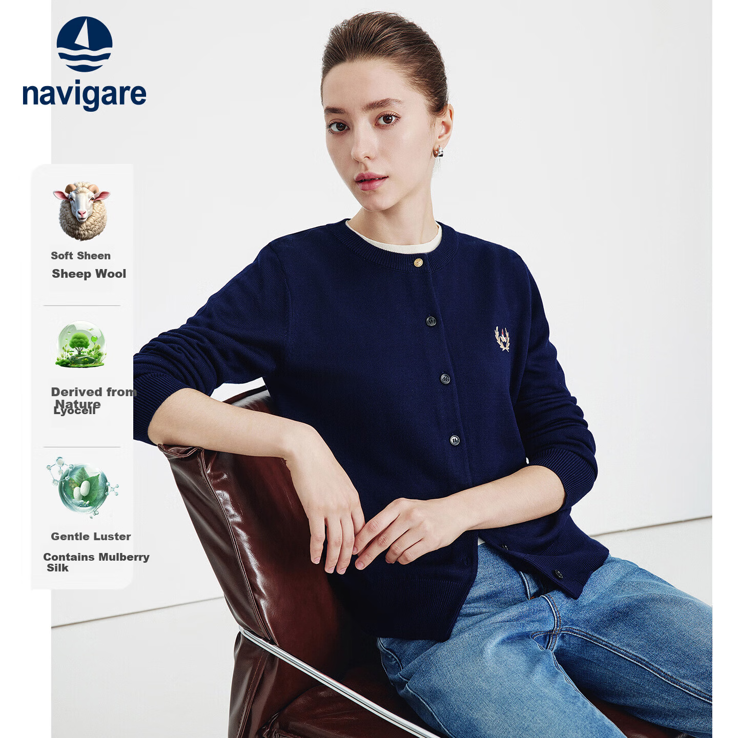 Navy Sail Italy Women's Soft Touch Crew Neck Knit Cardigan Classic Sweater Jacket 2334092061 Blue S