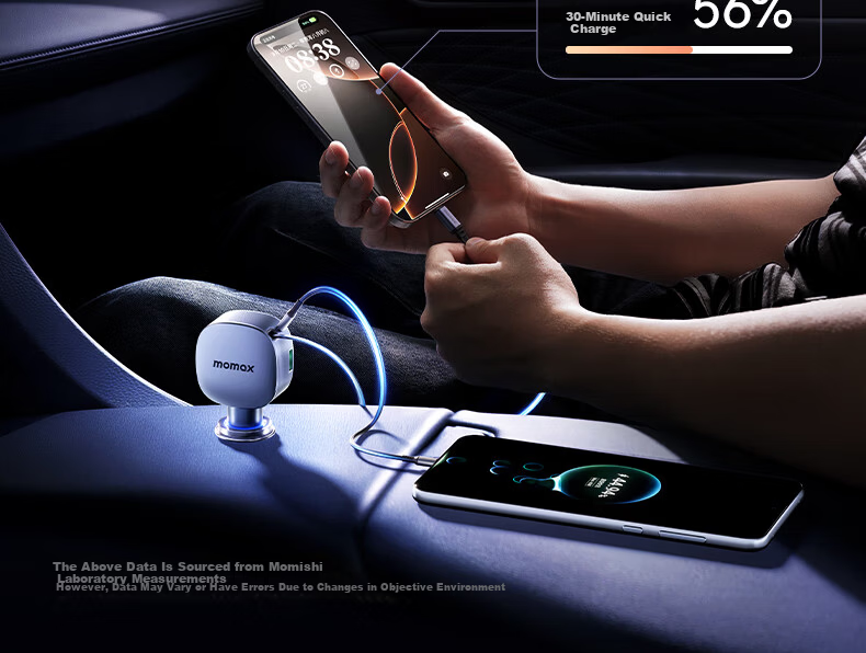 MOMAX Car Charger Super Fast Charging with Retractable Cable PD60W Cigarette Lighter Adapter Compatible with Huawei, Apple 15/16, Xiaomi, Android 4