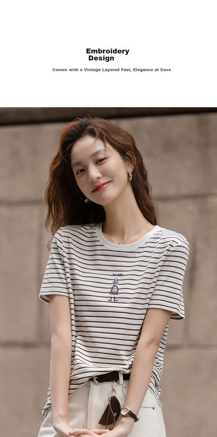 Demana [Cloud Soft Cotton Blend] Spring Retro Commuter Colorblock Crew Neck Striped Embroidered Short Sleeve Petite Women's T-Shirt 2