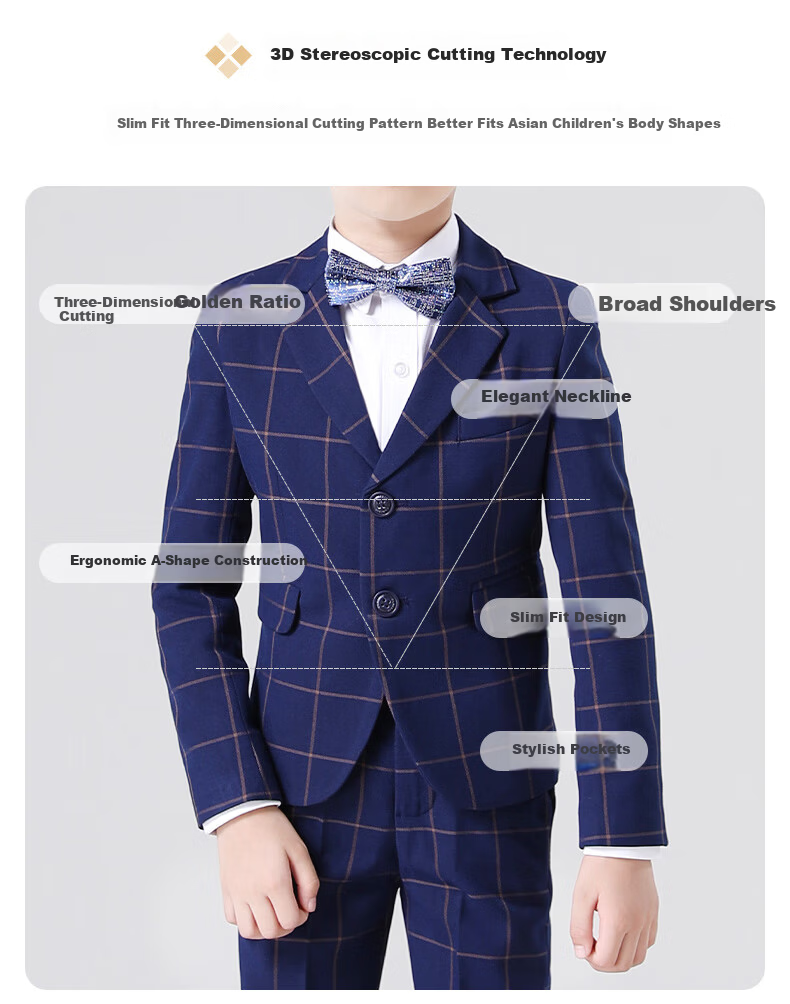 Romon Children's Suit Vest Set Boys Host Formal British Style Flower Boy Piano Performance Navy Plaid 130 10