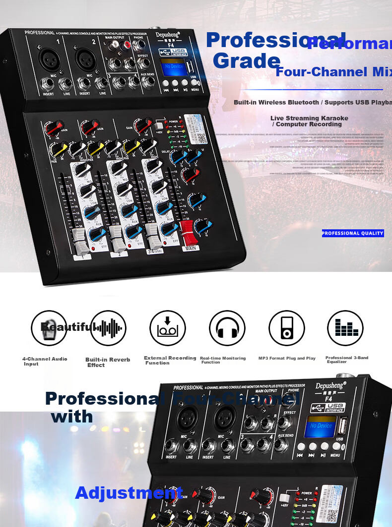 Depusheng Professional 4-Channel Mixer USB Sound Card Bluetooth U Disk Equalizer Reverb Portable F4 for Computer Recording Home KTV Singing Online Video Conference Live Streaming 1