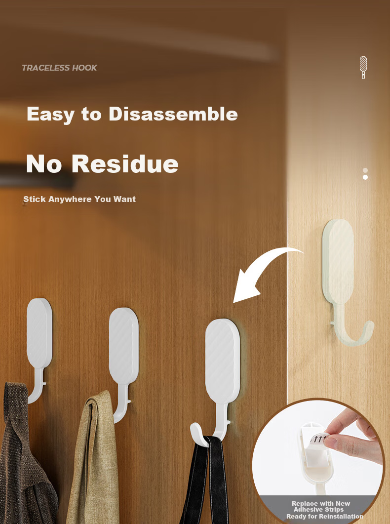 Taili No-Trace Adhesive Hooks Strong No-Drill Wall Hooks for Bathroom Kitchen Door Clothes Hangers, 4-Pack 8