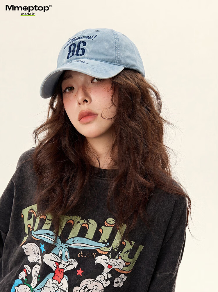 MMOPTOP Heavy-Duty Washed Blue Combed Cotton Embroidered Letter Baseball Cap Versatile Face-Slimming Sunshade Visor Hat 6