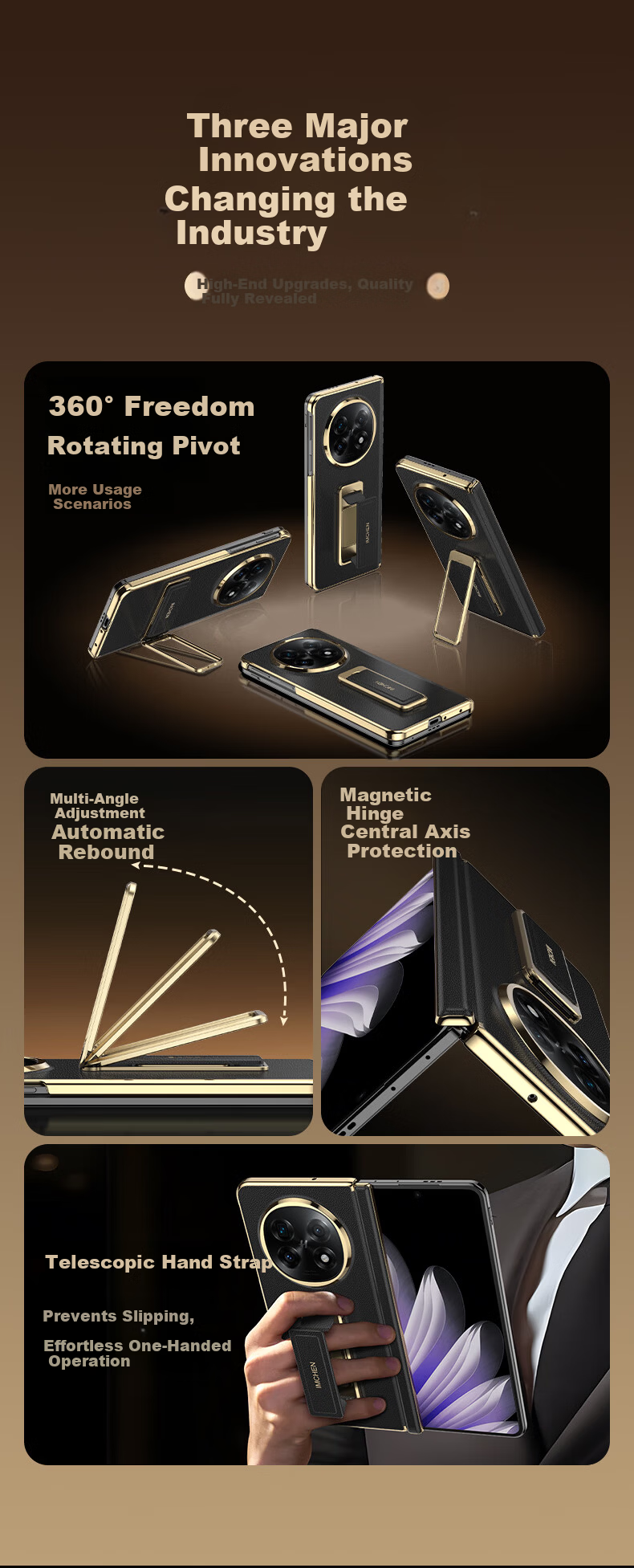 IM-CHEN Wristband Stand Tech Leather Case for OPPO Find N5 Full-Cover Anti-Drop Premium Gold Business Black 2