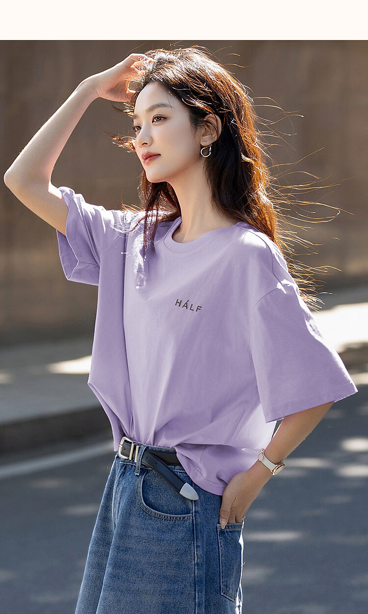 Demana [Comfort 180G Pure Cotton] Summer Simple Style Letter Print Loose Fit Women's 5-Sleeve T-Shirt 41