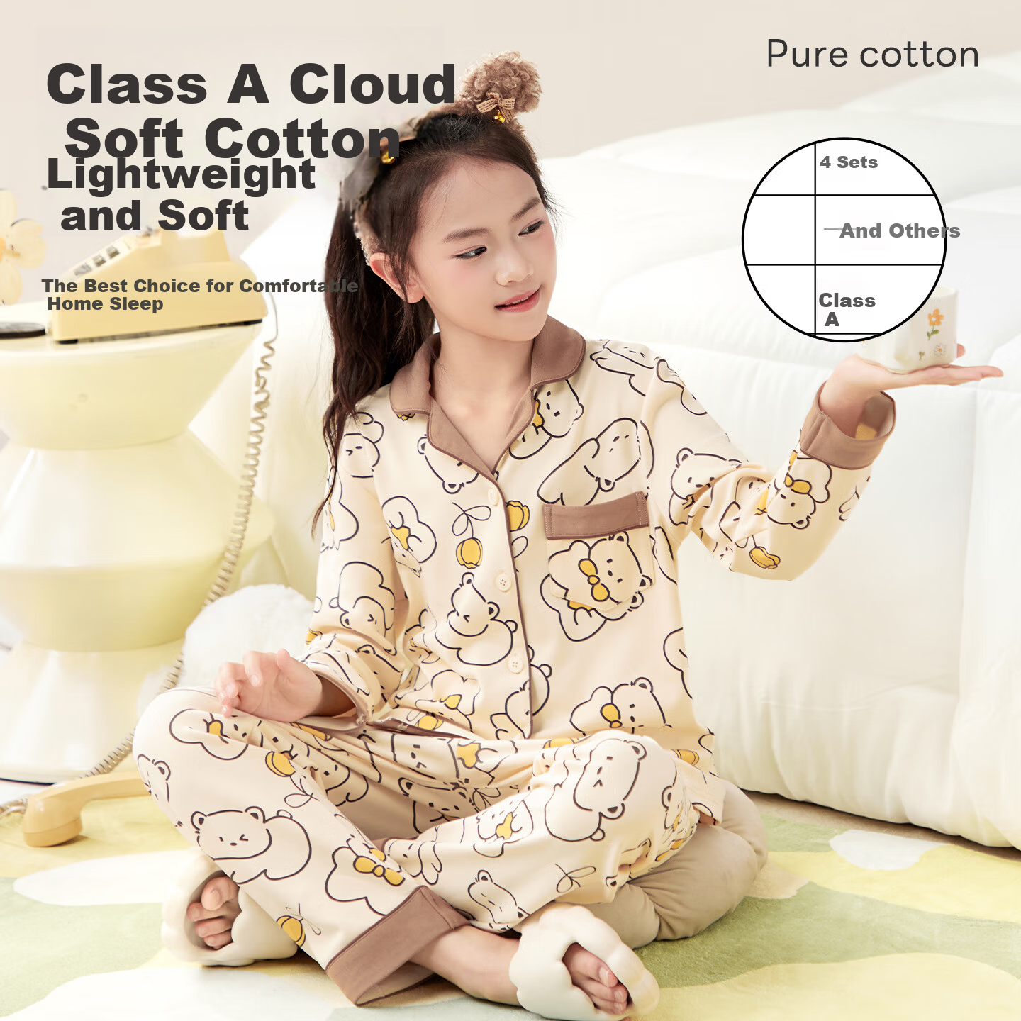 Hodo Kids Girls 100% Cotton Antibacterial Anti-Mite Long Sleeve Cardigan Spring Summer Cute Homewear Set
