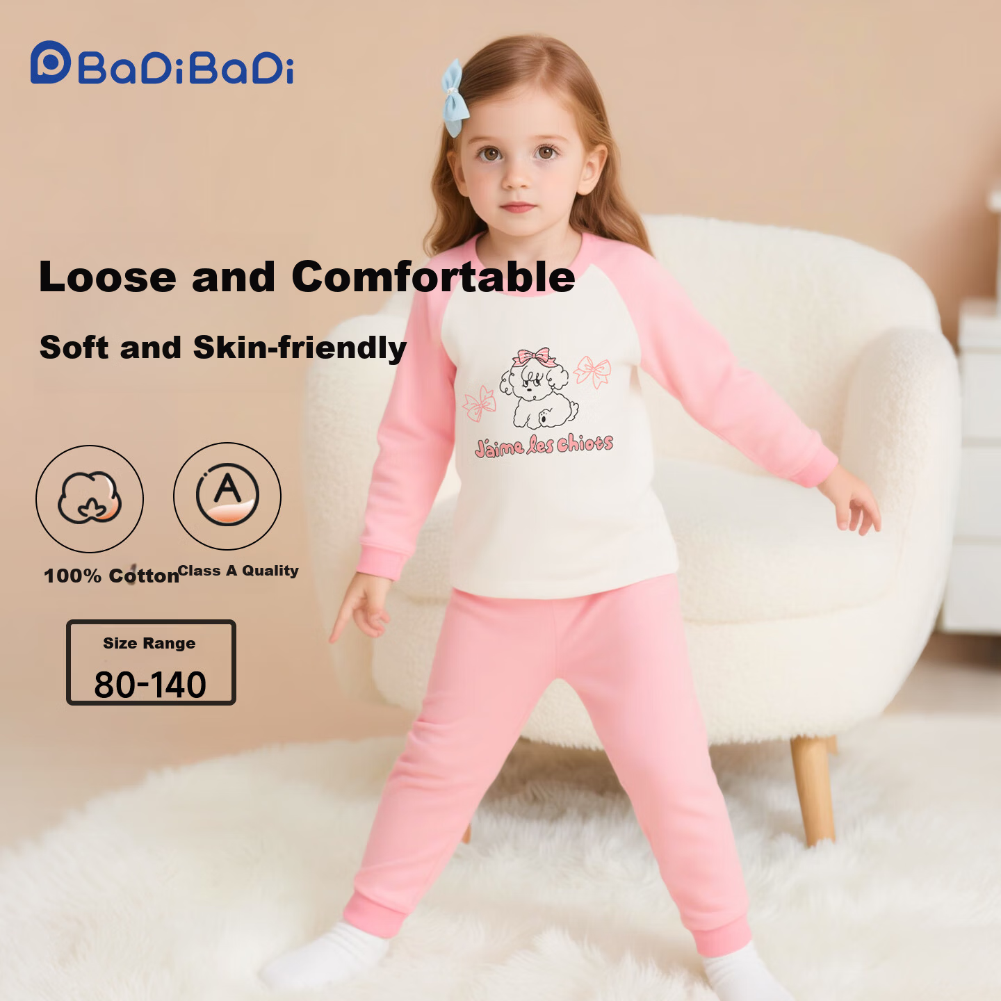 Badibadi Baby Toddler Pure Cotton Autumn Clothes Autumn Pants Pajamas Homewear Set Pink Bowknot Puppy Size 80