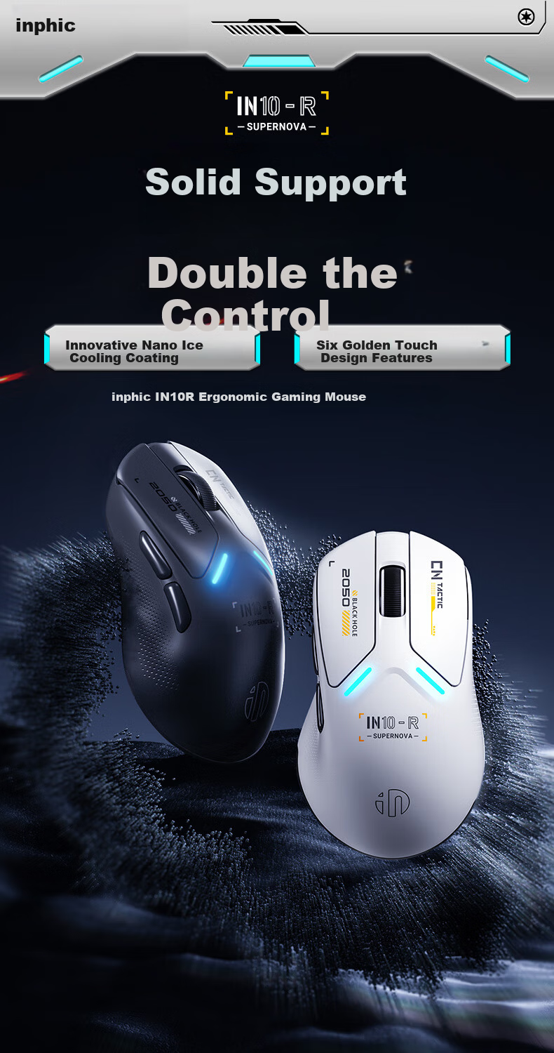 INPHIC IN10R Wireless Gaming Mouse Wired Bluetooth Tri-Mode PAW3395 Lightweight Right-Hand Ergonomic Claw Grip 26,000 DPI 8K Report Rate Starry White 1