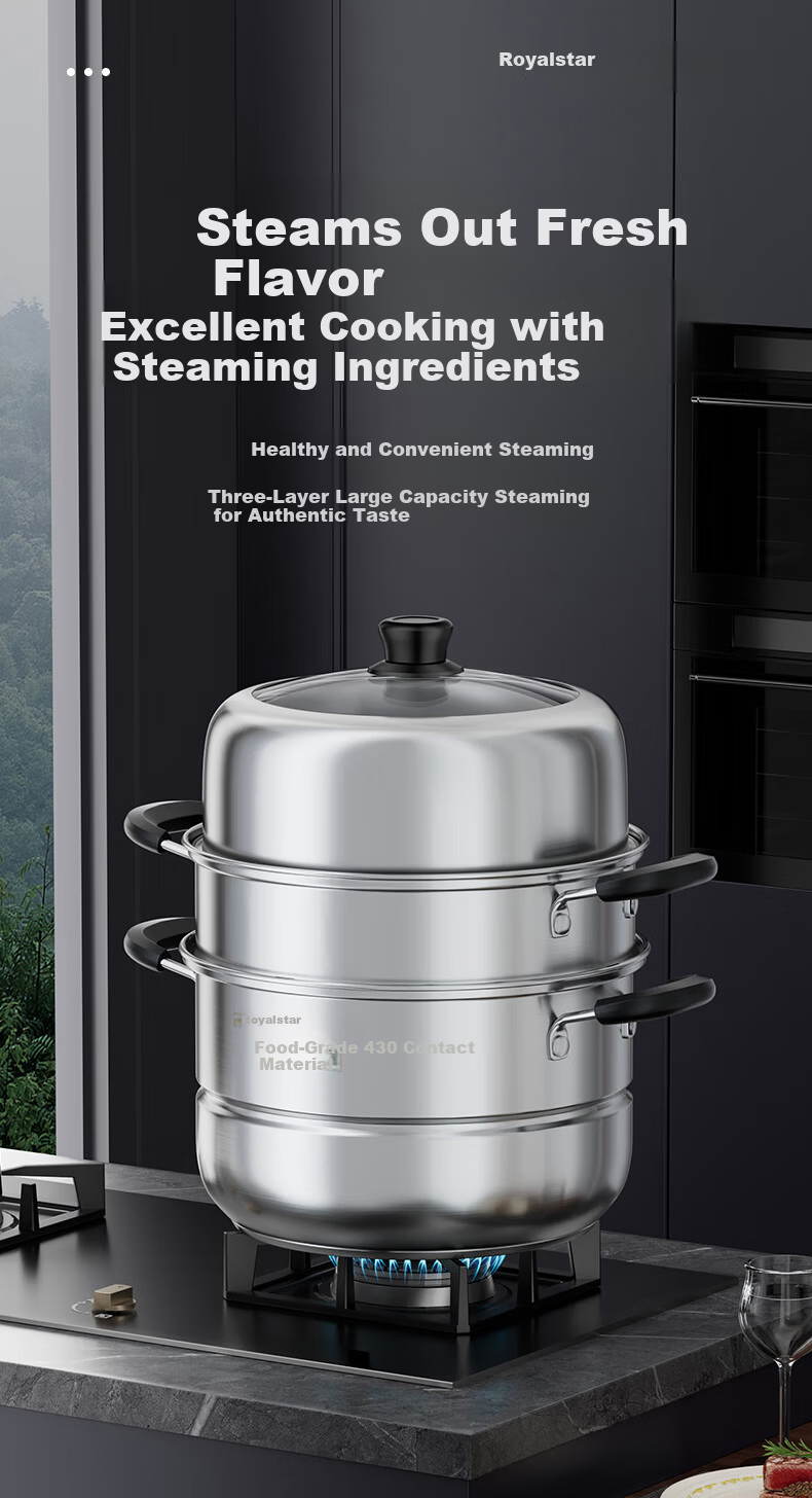 Royalstar 28cm Stainless Steel Steamer Pot Multi-Functional Large Capacity Double-Layer Soup Pot Compatible with Gas and Induction Cooktops 2