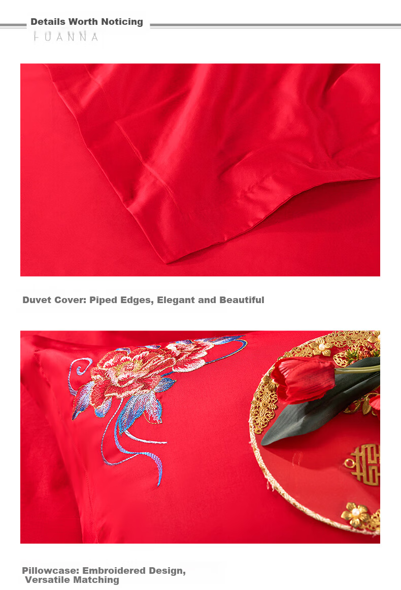 Fuanna High-End Wedding Four-Piece Set Phoenix Crown Embroidery 60-Count Long-Staple Cotton Red Bridal Bedding Gift Set for 1.8m Bed 8