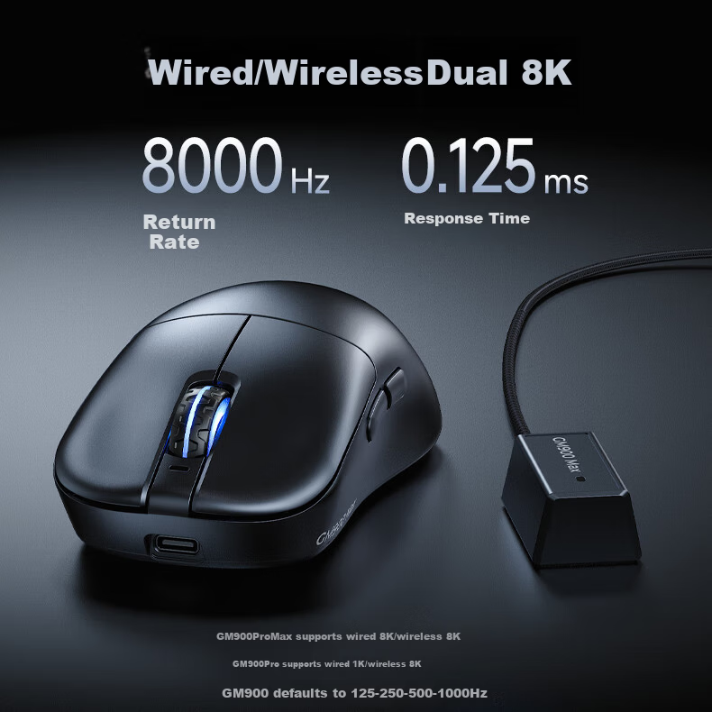 AOC GM900Pro Wireless Bluetooth Tri-Mode Mouse Lightweight PAW3395 Wireless 8K Report Rate Laptop Desktop Large Hand Black 7