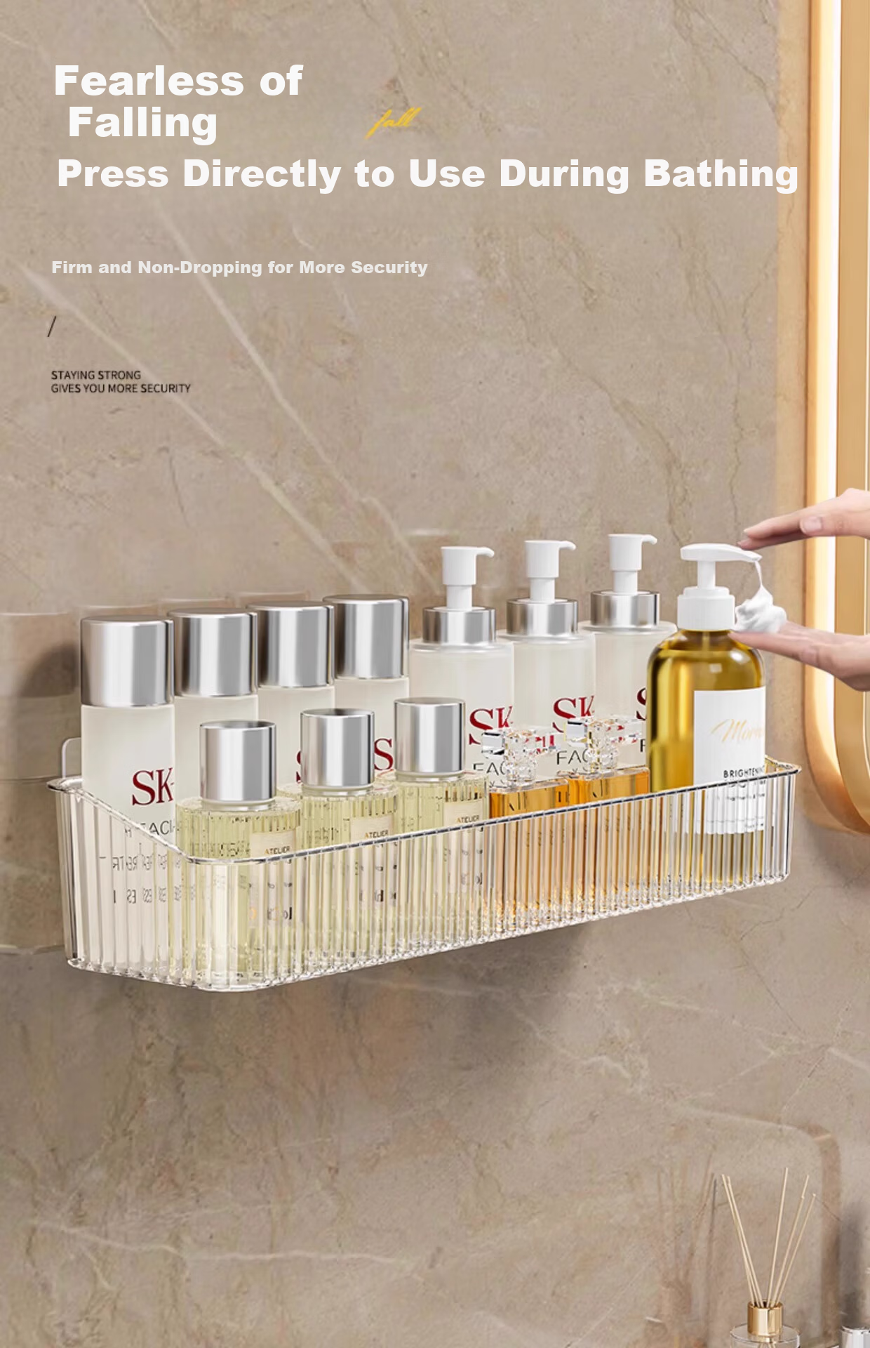 MUYA Suction Cup Storage Rack, No Drilling Required, Detachable, Bathroom Vanity Organizer, Light Luxury Style, Hollow Baked Paint Finish 10