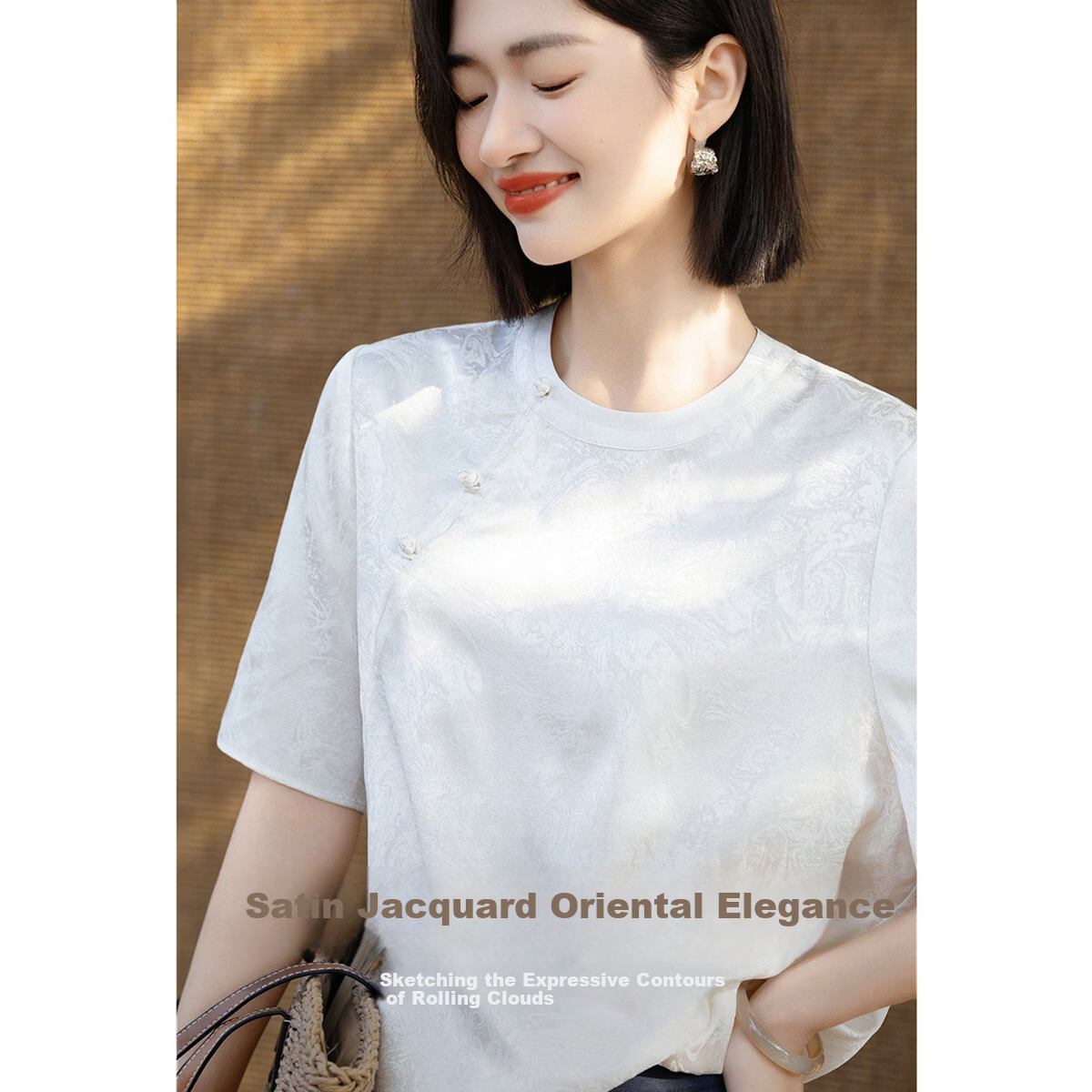 Demana Oriental Elegance Summer National Style New Chinese Satin Jacquard Frog Button Loose Slim Shirt for Women High-End Feel