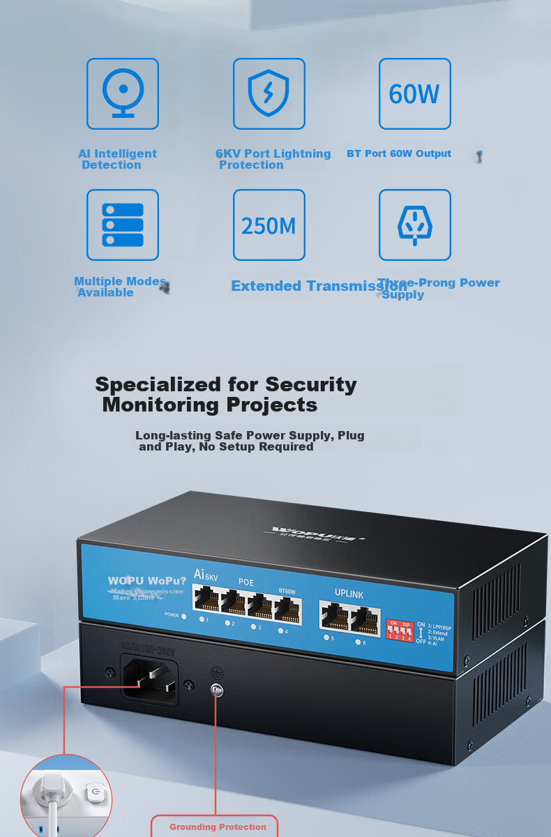 Wopool 8-Port PoE Power Supply Switch Full Gigabit 8 Ethernet Ports + 2 Uplink Ports Camera Surveillance Recorder Network Splitter Enterprise-Level Switch Watchdog 5