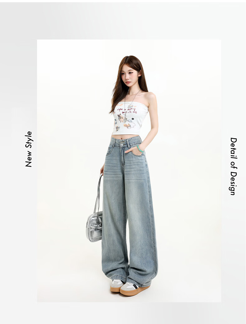 Jeanswest Women's High-Waist Jeans 2026 Spring Summer Lightweight Silky Slim Fit Wide-Leg Denim Pants Blue XL 4