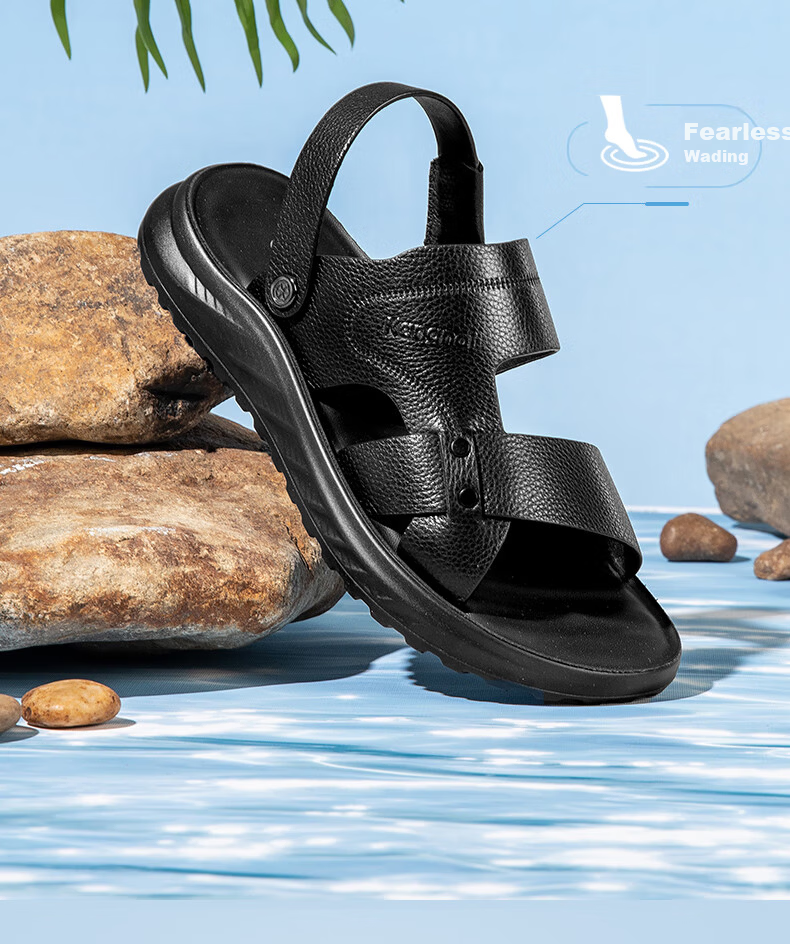Connie Men's Summer Casual Genuine Leather Cowhide Dual-Wear Soft Breathable Odor-Resistant Beach Sandals Black Size 38 3
