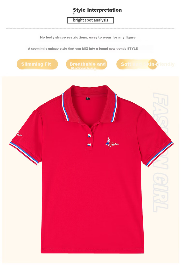 Woodpecker Women's Pure Cotton Short Sleeve T-Shirt Summer Printed Slim Fit Shoulder Polo Shirt Red XL 3