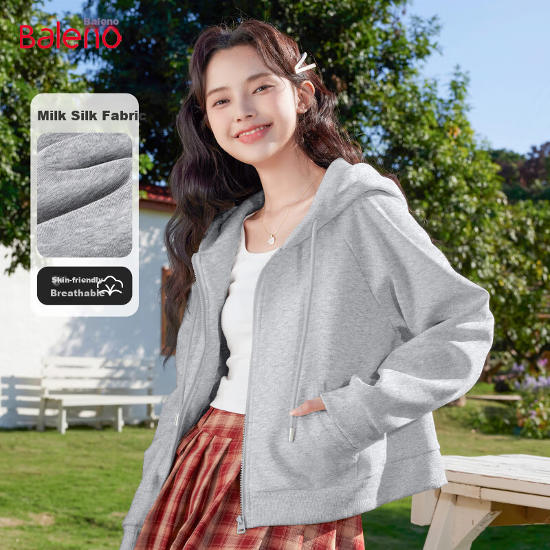 Baleno Women's Short Hooded Zip-Up Sweatshirt Jacket 2025 Spring Autumn New Petite Casual Lazy Style Hoodie