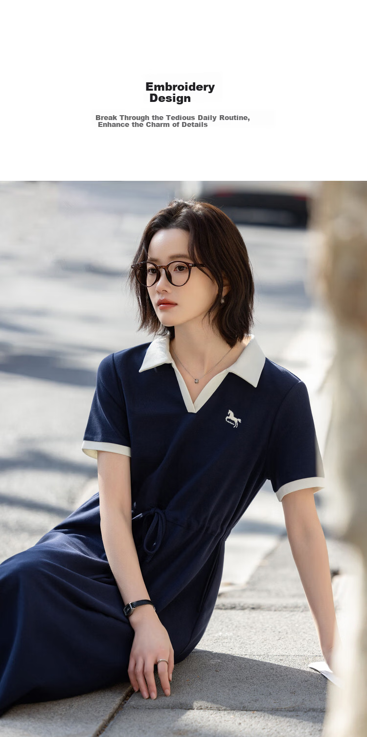 Demana [Smart Sense Academy] Summer Color-Block Spliced Embroidered Polo Collar Short Sleeve Waist-Slimming Dress for Women Premium Quality 3