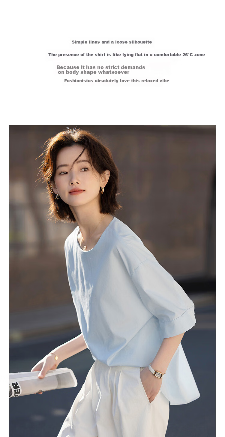Demana Oxygen Pure Cotton Summer Simple Style Round Neck Irregular Hem Loose Slimming Concealing Shirt for Women Premium Feel 2
