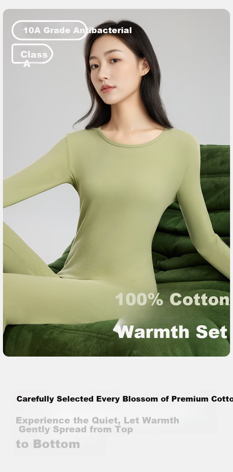 Bejirog Women's Pure Cotton Thermal Underwear Thin 100% Cotton Crew Neck Soft Cotton Autumn Winter Base Layer Set 2
