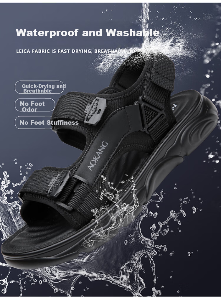 Aokang Men's Beach Sports Sandals Casual Velcro Sandals Black Size 42 8